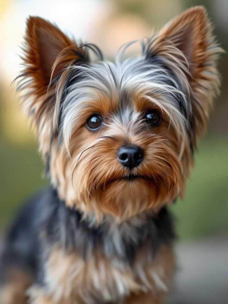 A close-up of a Yorkshire Terrier with a silky coat and bright eyes.
