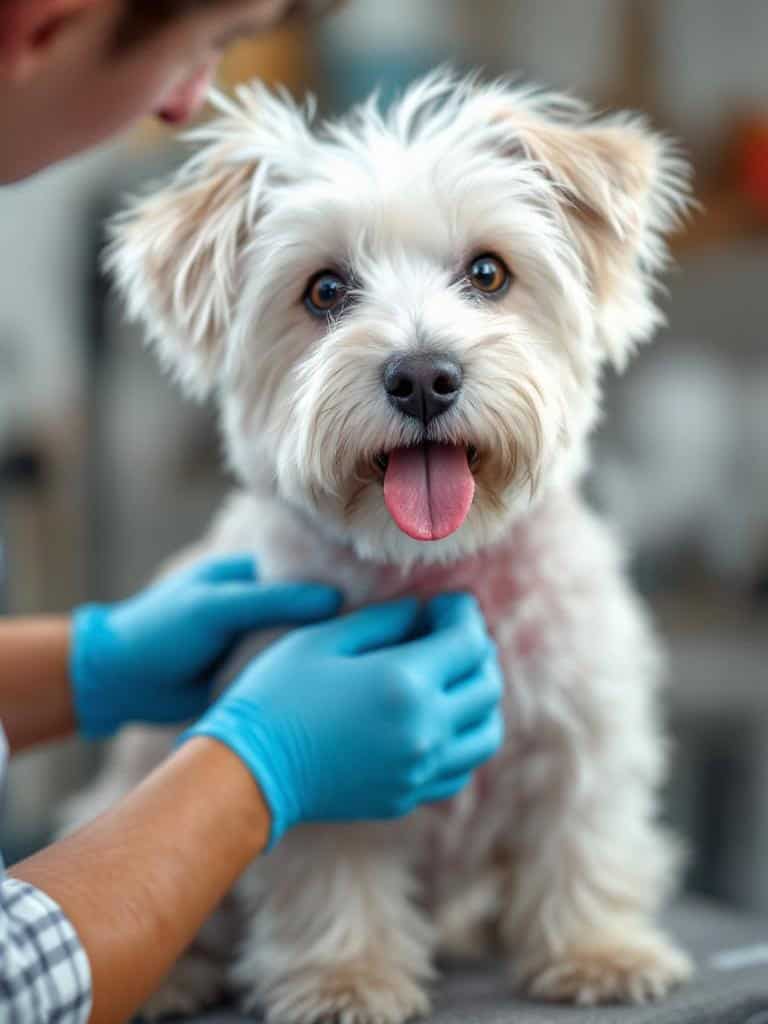 A groomer checking the skin of a West Highland White Terrier.