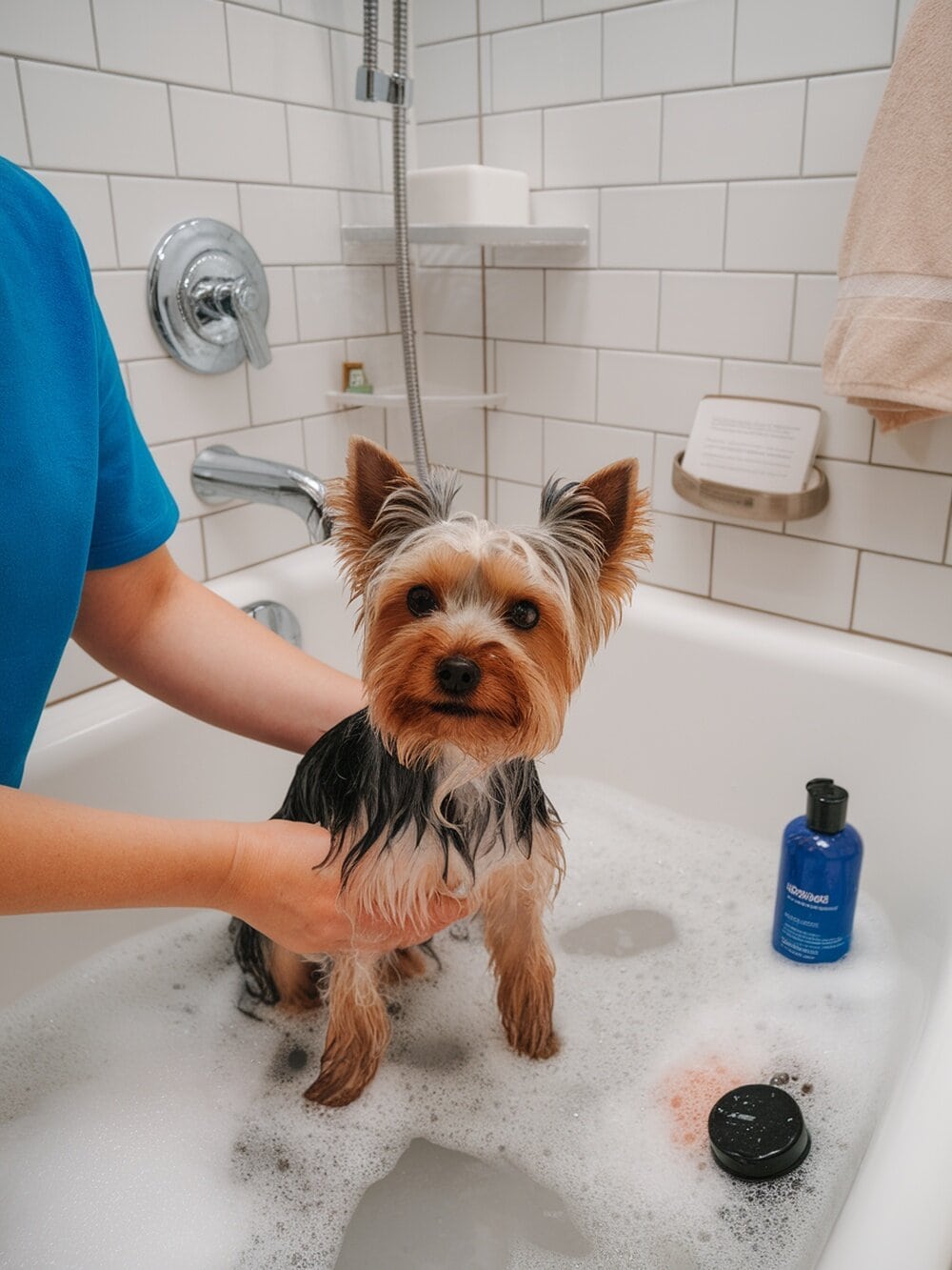A Yorkshire Terrier in a bubbly bath, enjoying bath time with soap bubbles around.