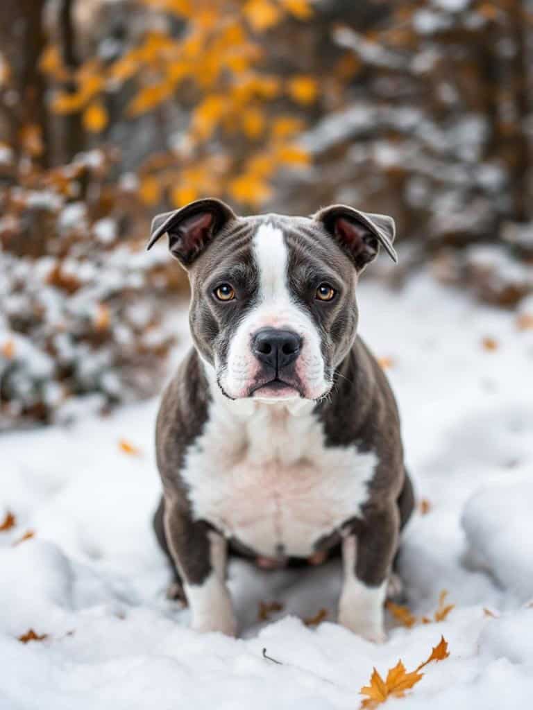 A Staffordshire Bull Terrier sitting in the snow with autumn leaves in the background.