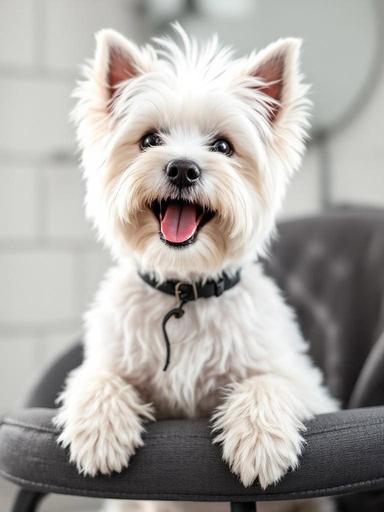 A happy West Highland White Terrier sitting on a chair, showcasing its fluffy white fur and bright smile.