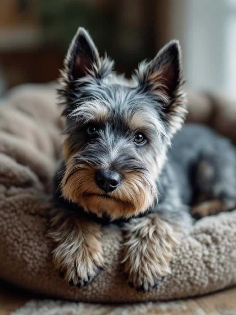 A Scottish Terrier with a stylish short haircut, resting comfortably in a cozy bed.