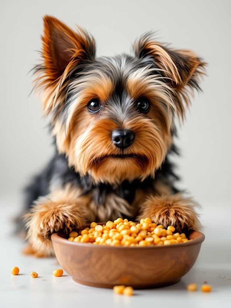 A Yorkshire Terrier looking at a bowl of food, emphasizing the importance of nutrition for coat health.