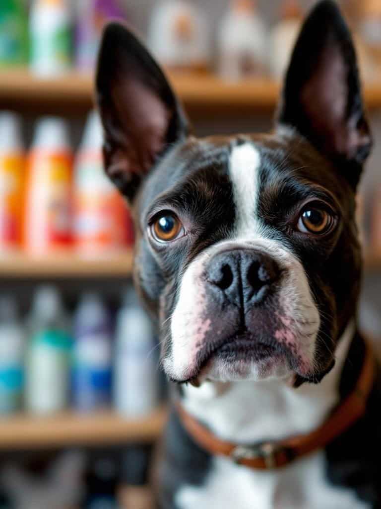 Various bottles of Boston Terrier shampoo on a shelf