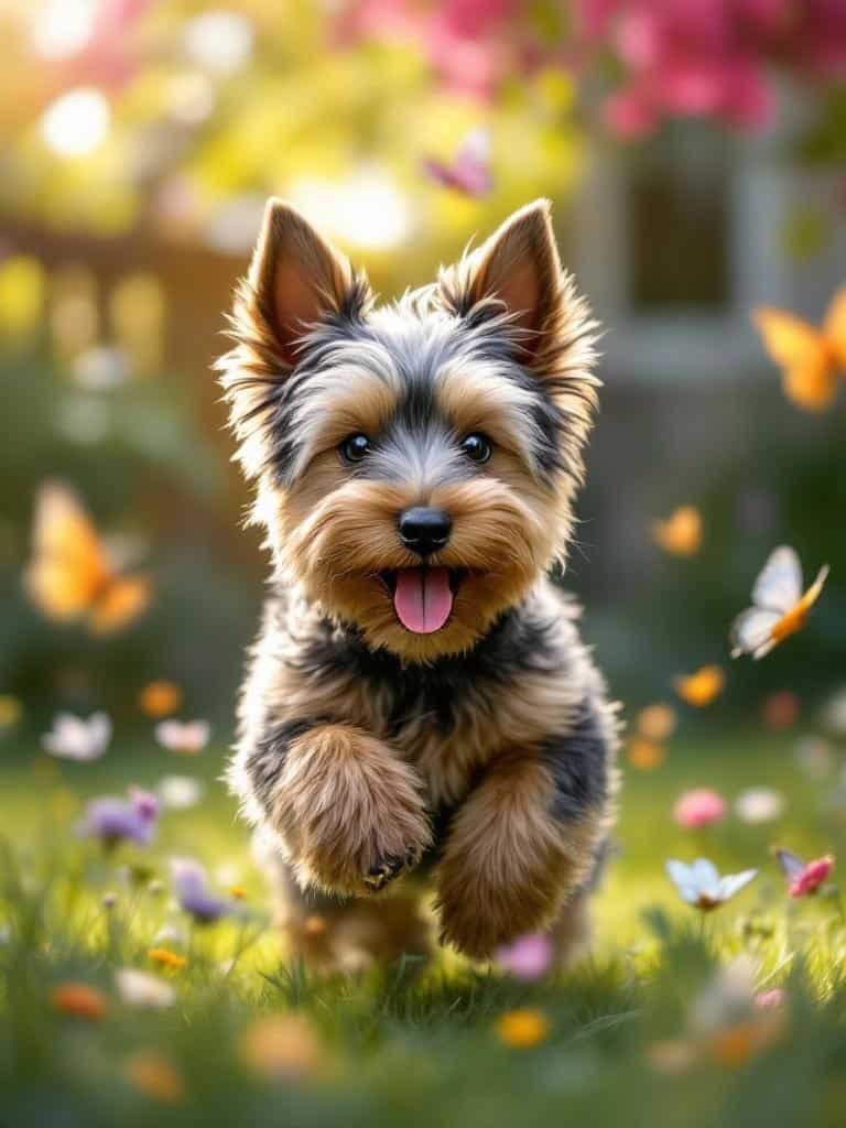 A playful puppy running in a garden filled with flowers and butterflies.