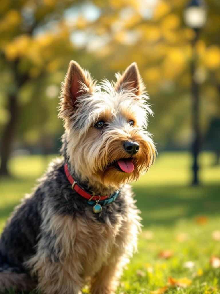 Scottish Terrier with a summer cut in a sunny park setting.