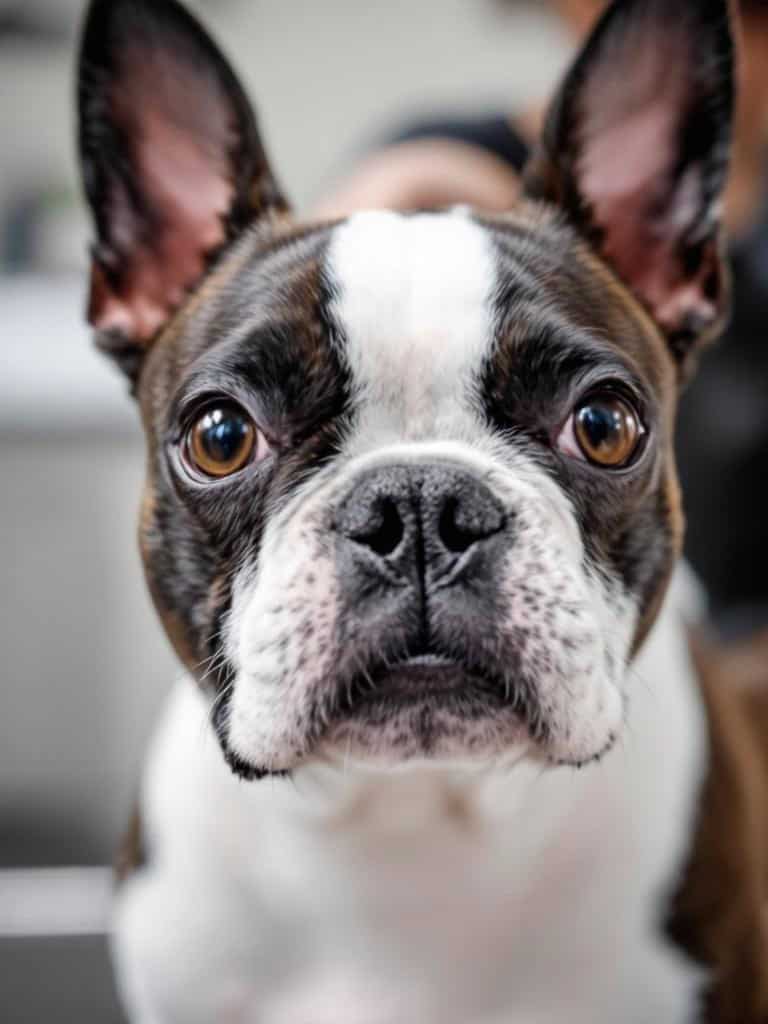 Close-up of a Boston Terrier with a smooth coat, showcasing its distinctive facial features.