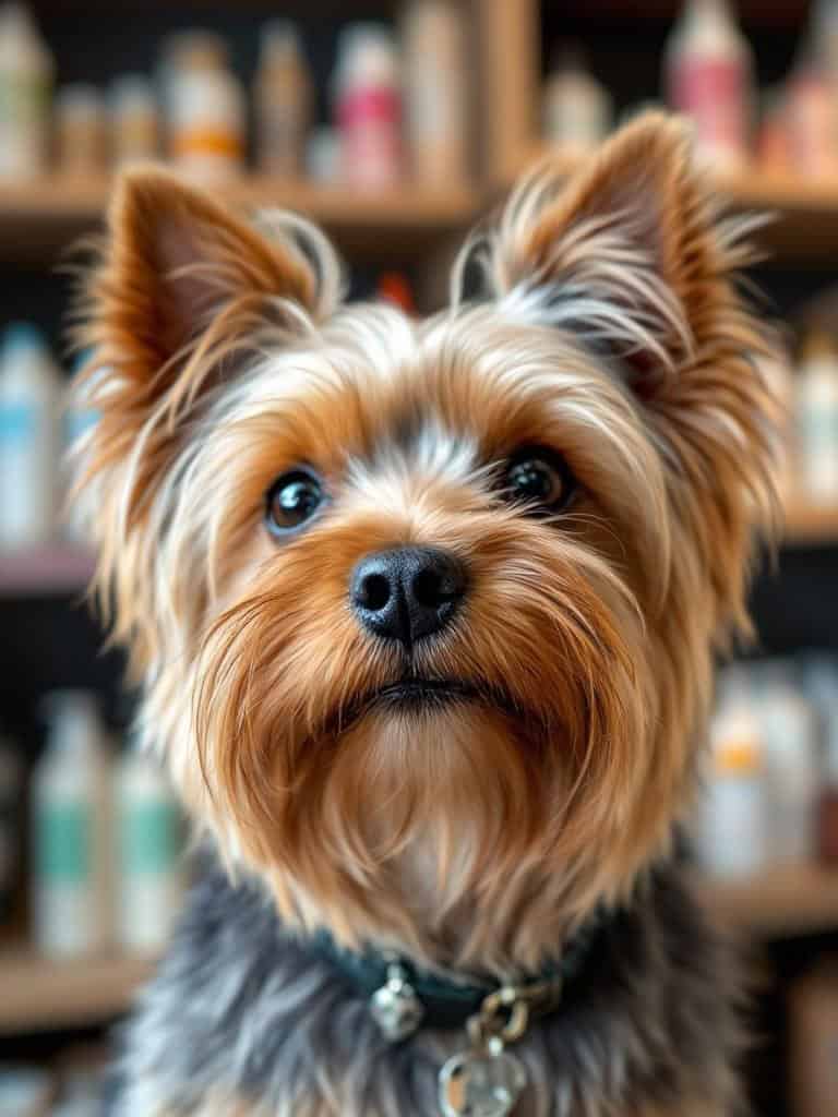 A Yorkshire Terrier sitting in front of various shampoo bottles, showcasing different grooming products.