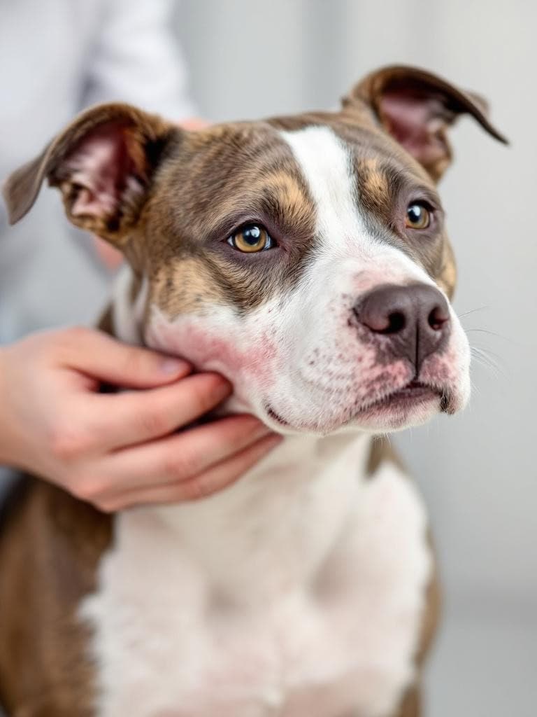 A close-up of a Staffordshire Bull Terrier being examined by a veterinarian, focusing on the dog's face and skin.