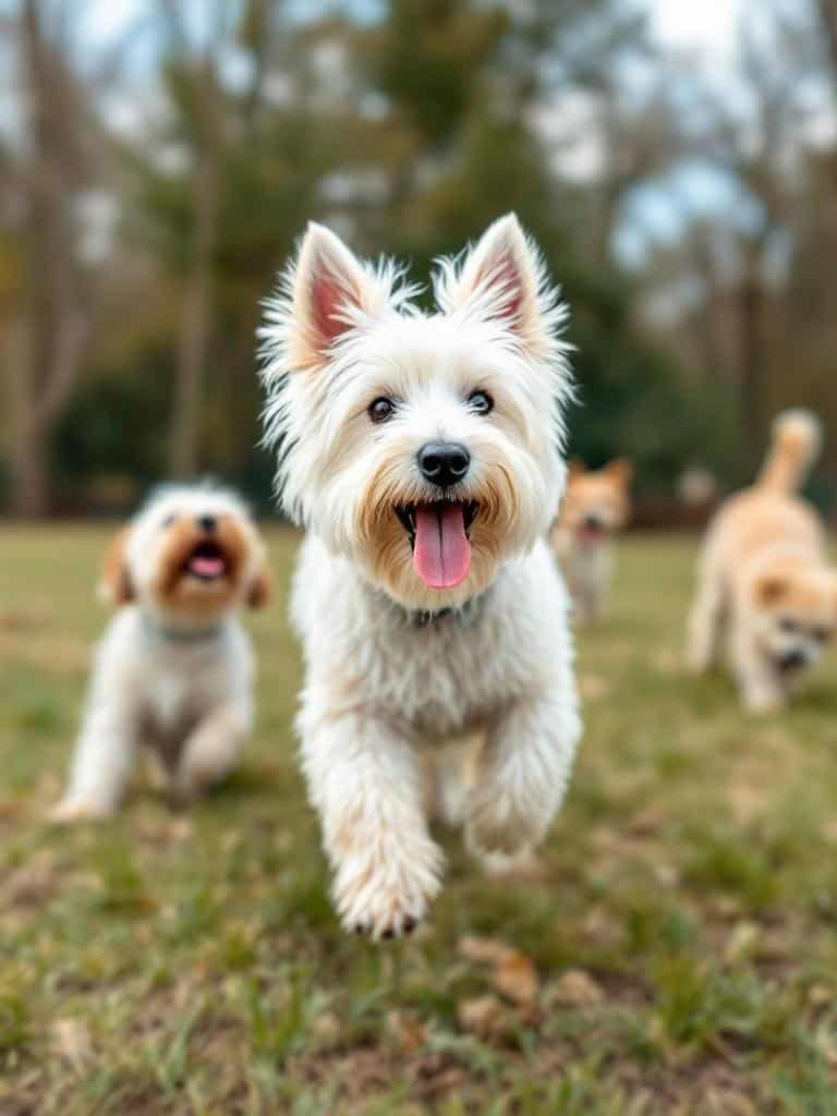 A playful Westie Terrier running happily in a park with a fluffy coat.