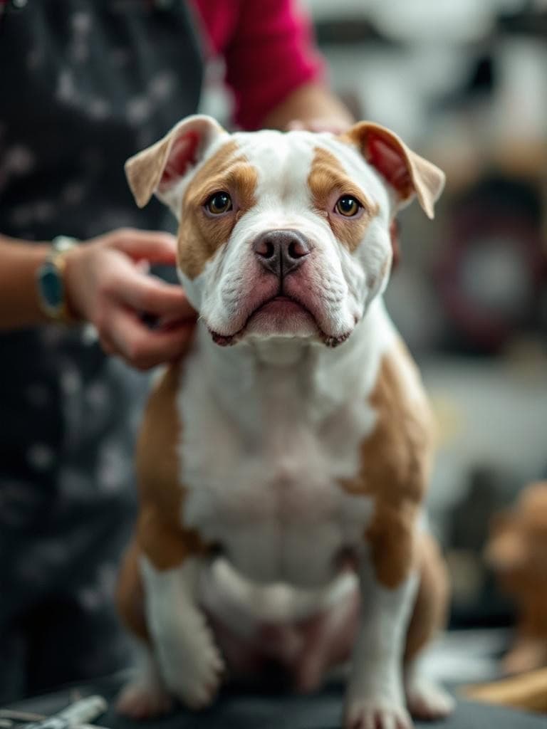 A Staffordshire Bull Terrier being groomed, showcasing its smooth coat and attentive care.