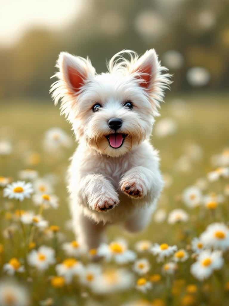 A happy Westie Terrier jumping through a field of daisies.