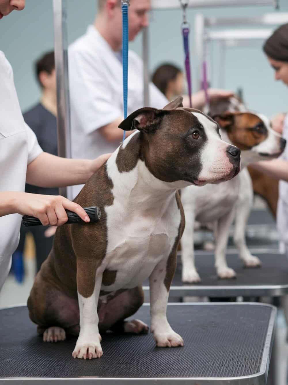 Two dogs interacting during a grooming session, showcasing the importance of socialization.