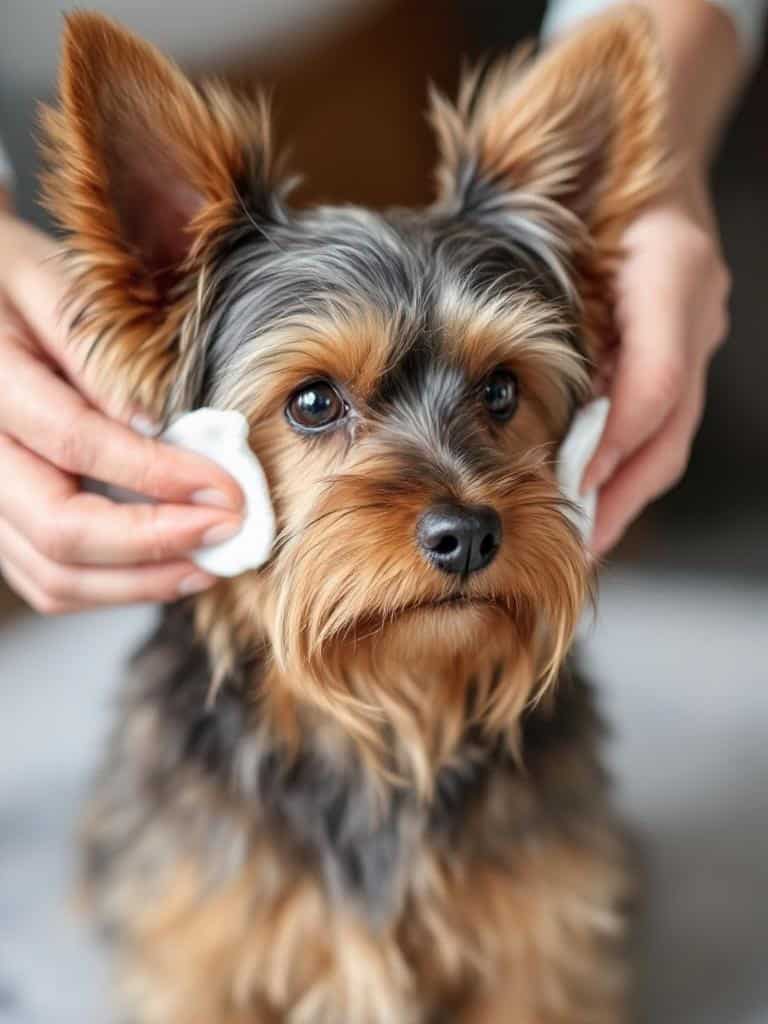 A Yorkshire Terrier receiving ear cleaning with cotton pads.