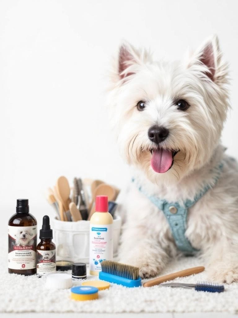 A checklist for grooming with a Westie dog and grooming products in the background.