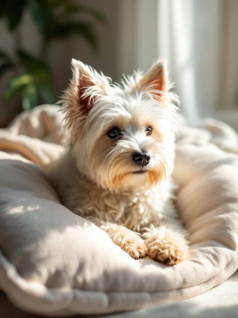 Westie Terrier with soft wave haircut, looking relaxed on a cozy bed.