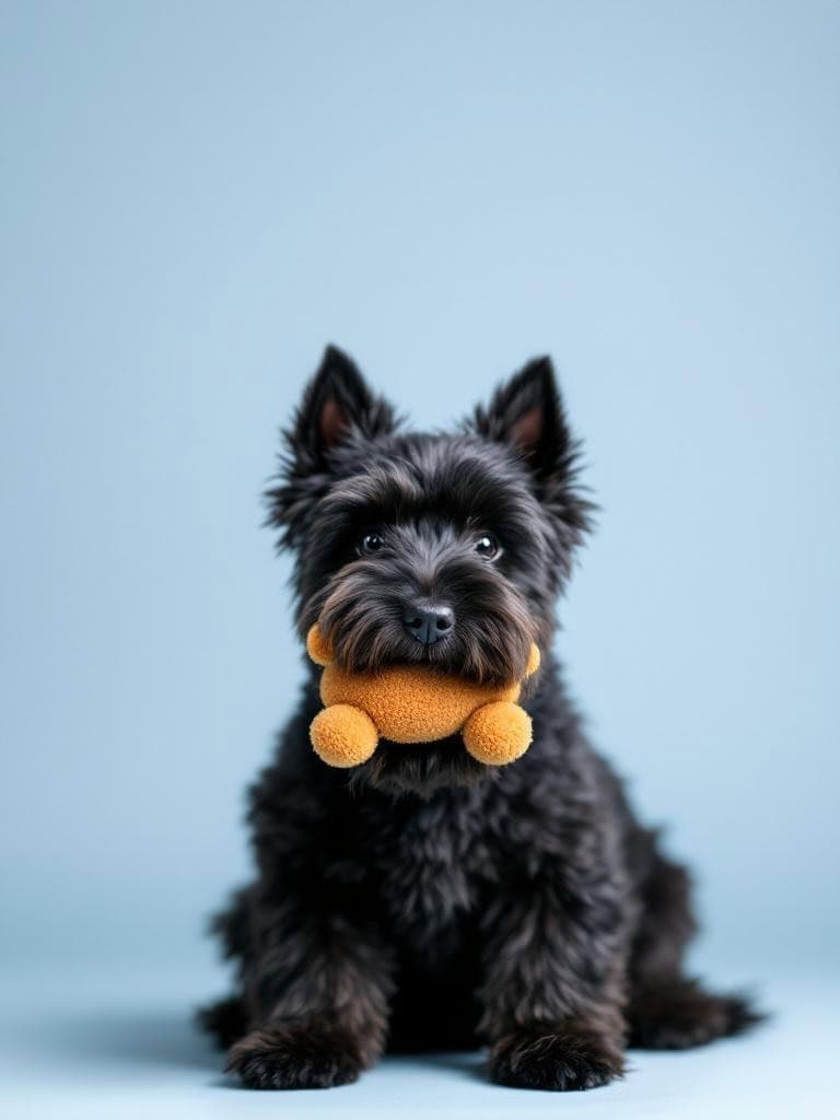 Scottish Terrier with a teddy bear trim holding a toy