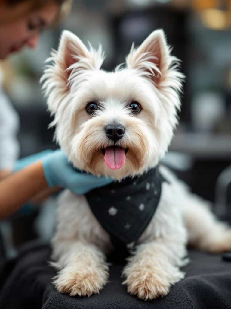 A happy West Highland White Terrier sitting on a grooming table, looking at the camera.