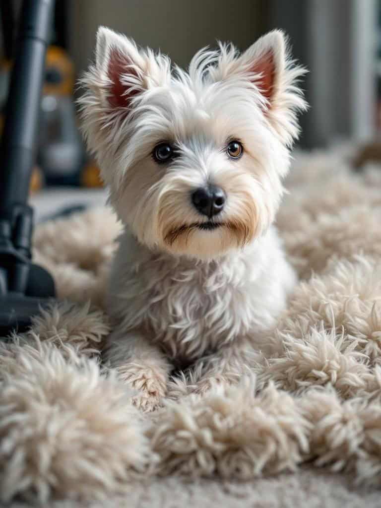 A West Highland White Terrier resting on a fluffy rug.