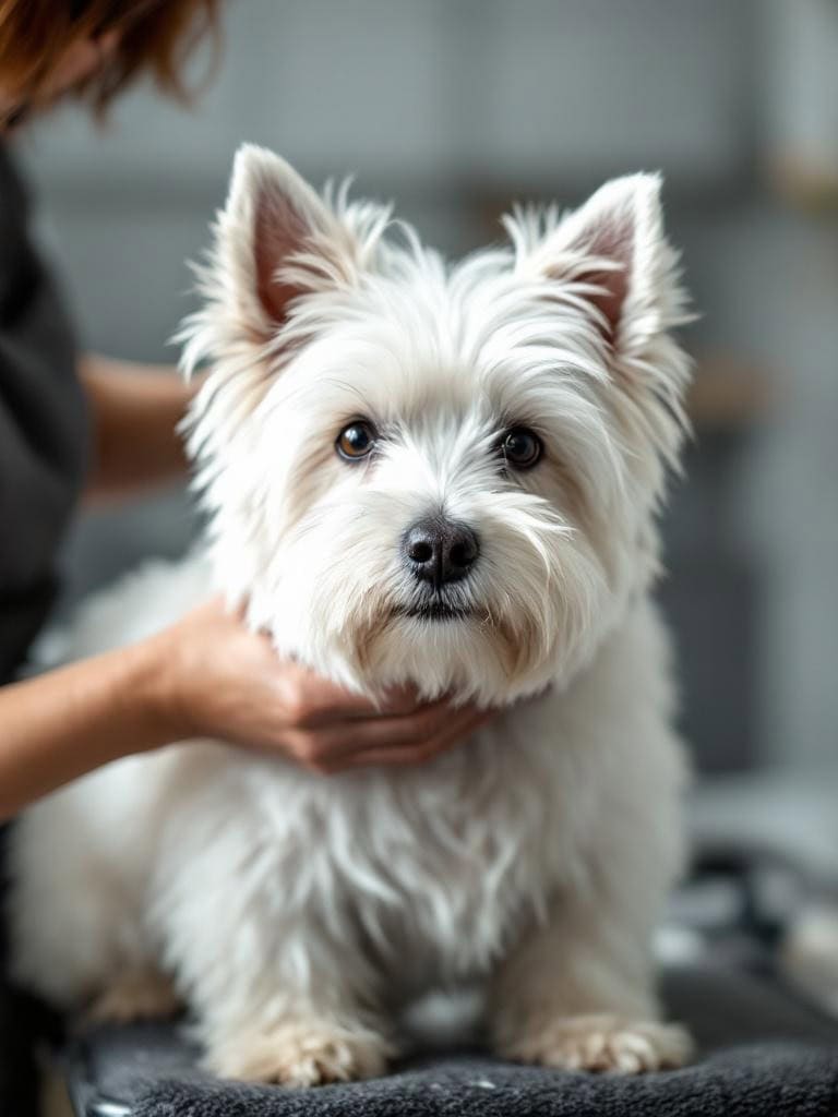 A West Highland White Terrier being groomed by a person.