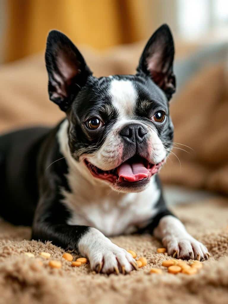 A happy Boston Terrier lying on a soft surface with some treats nearby.