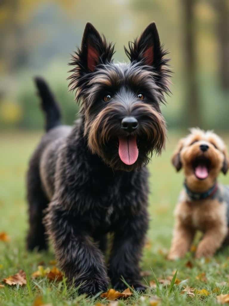 Two dogs playing in a grassy area, one is a Scottish Terrier with a fluffy coat and the other is a small, fluffy puppy.