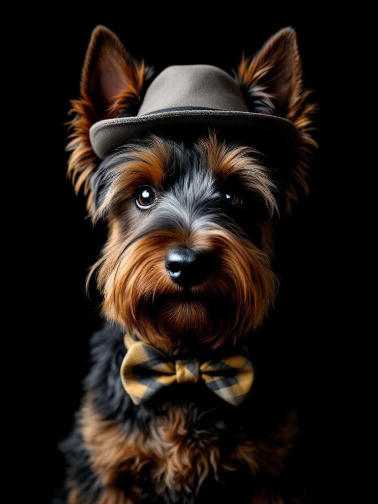 A Scottish Terrier dressed in a stylish bow tie and hat, looking dapper.