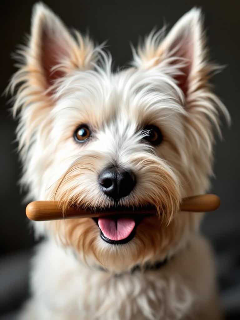 A West Highland White Terrier sitting next to a sign that says 'Debunking Common Grooming Myths'.