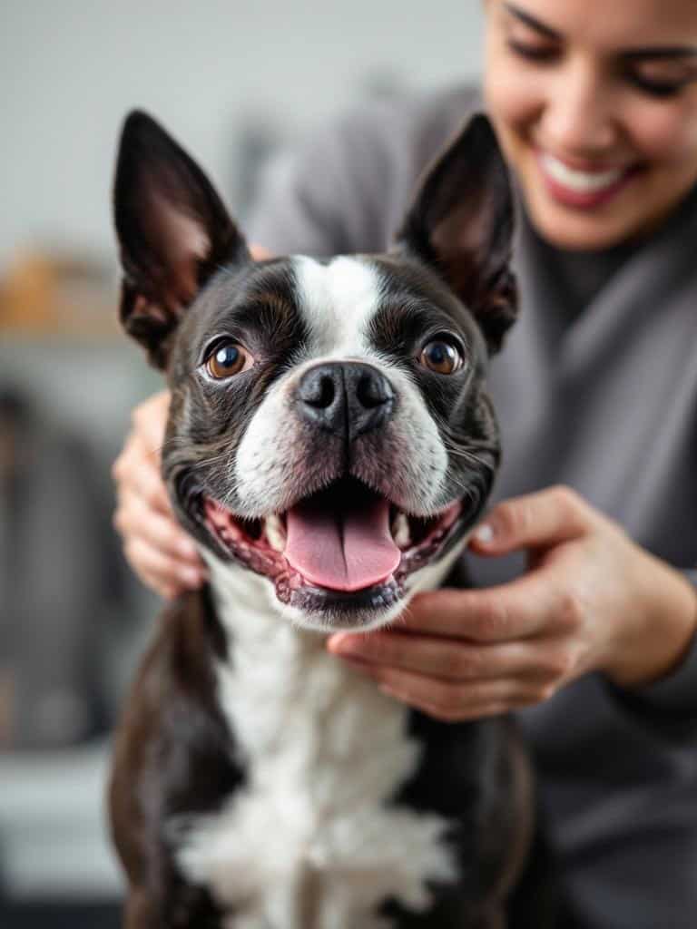 A smiling Boston Terrier being groomed by a person, showcasing a positive grooming experience.