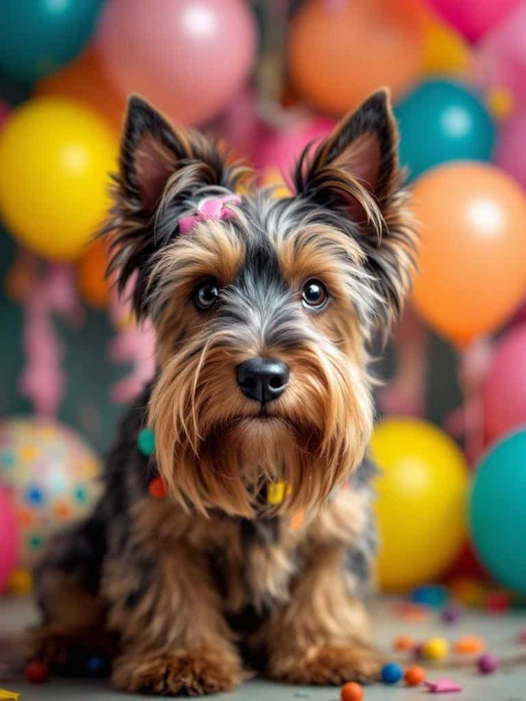 A Scottish Terrier with a pink topknot sitting among colorful balloons.