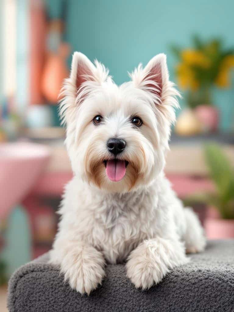 A happy West Highland White Terrier laying on a soft surface, looking cheerful.