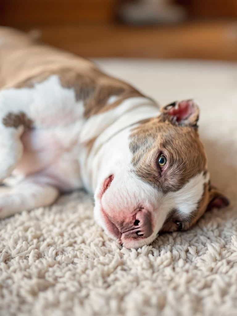 A Staffordshire Bull Terrier sitting on a cozy surface, surrounded by playful elements.