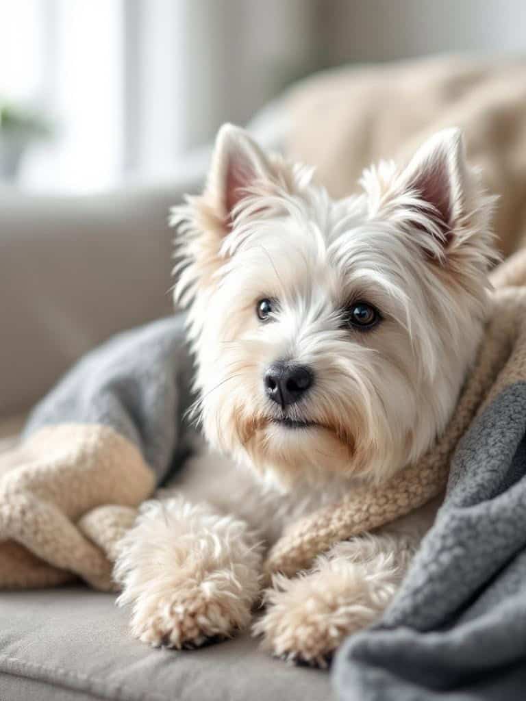 A West Highland White Terrier relaxing on a couch, wrapped in a blanket.