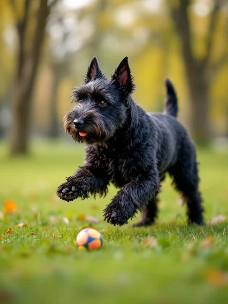 A Scottish Terrier playing with a ball in a grassy area.