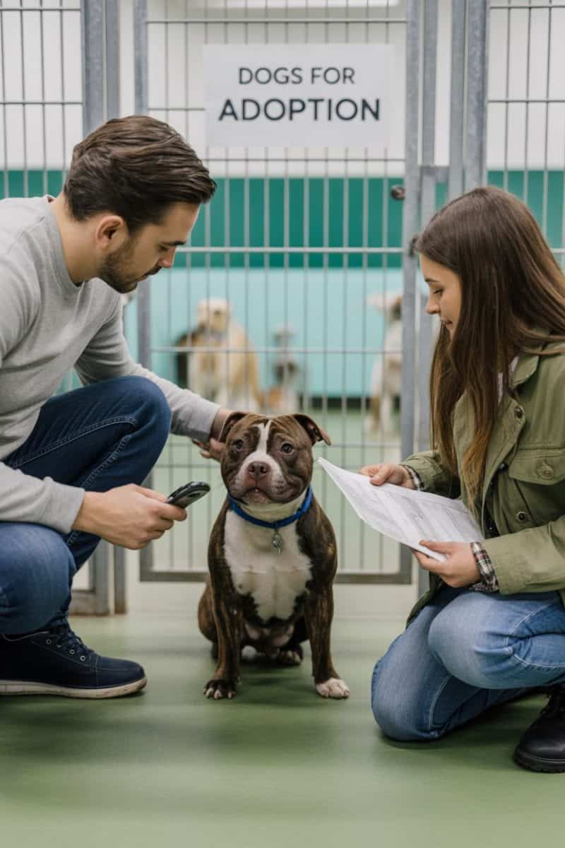A brown and white Staffy sits attentively on a green floor, wearing a blue collar with a tag and Two people are kneeling on either side of the dog.