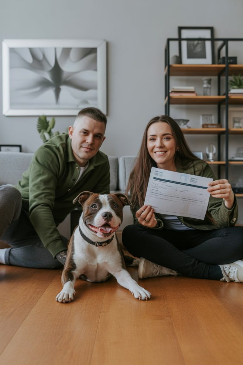 A young couple and their Bull Terrier dog sitting on a wooden floor. 