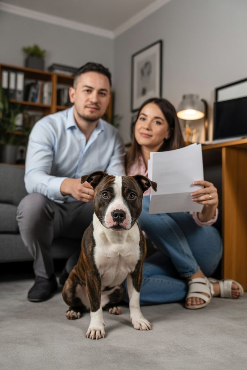 A couple and their Staffy dog in a modern living room setting.