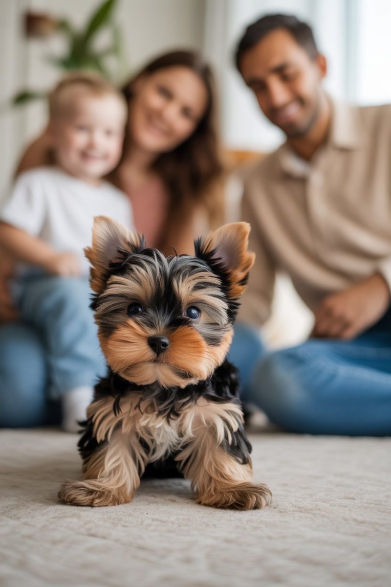 A shot of a Yorkshire Terrier puppy in the foreground, sitting upright on a light beige carpet with a family  at the back.