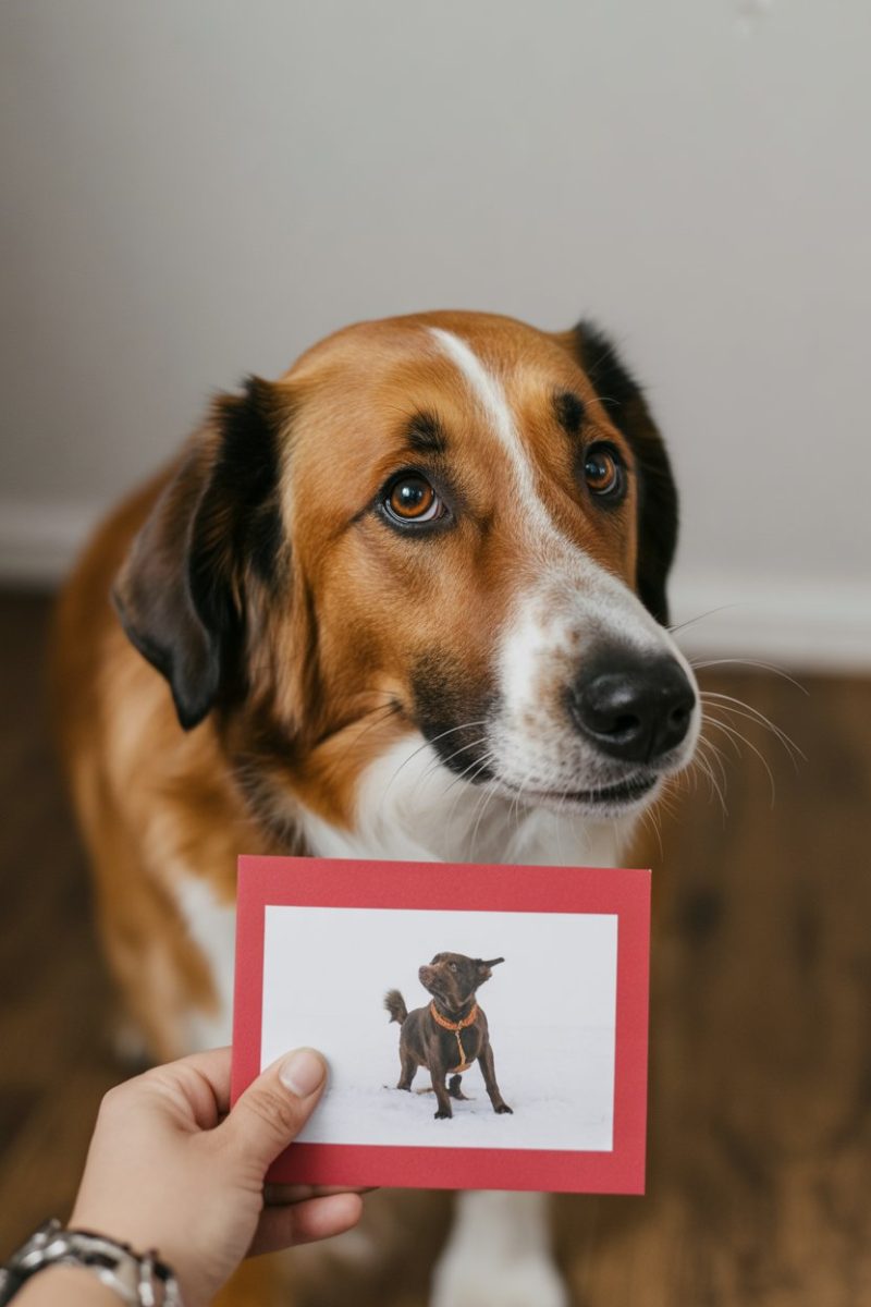 A hand holds up a red-bordered card containing a black and white photograph of a small dog.