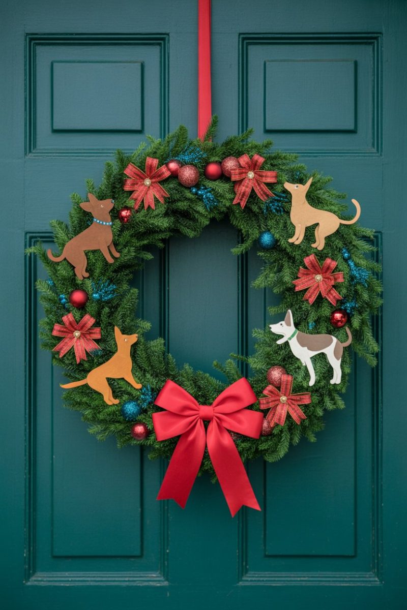 A festive Christmas wreath hangs on a deep teal-colored wooden door with raised panels.