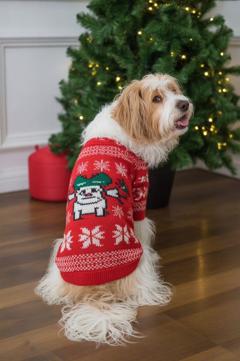A close-up photograph of a mixed-breed dog wearing a red Christmas sweater against a hardwood floor and decorated Christmas tree background. 