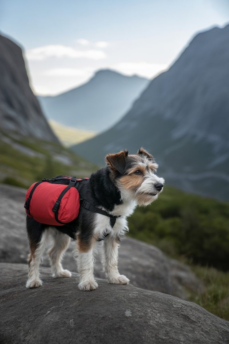 A small terrier mix dog wearing a red backpack, standing on a gray rocky surface in a mountainous landscape.