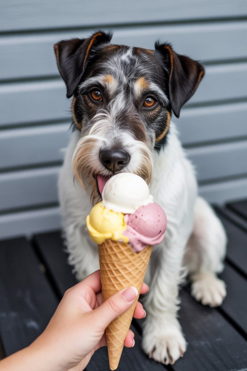 A Jack Russell Terrier dog with black and white fur, sitting attentively on a dark wooden deck licking a vanilla ice cream cone.