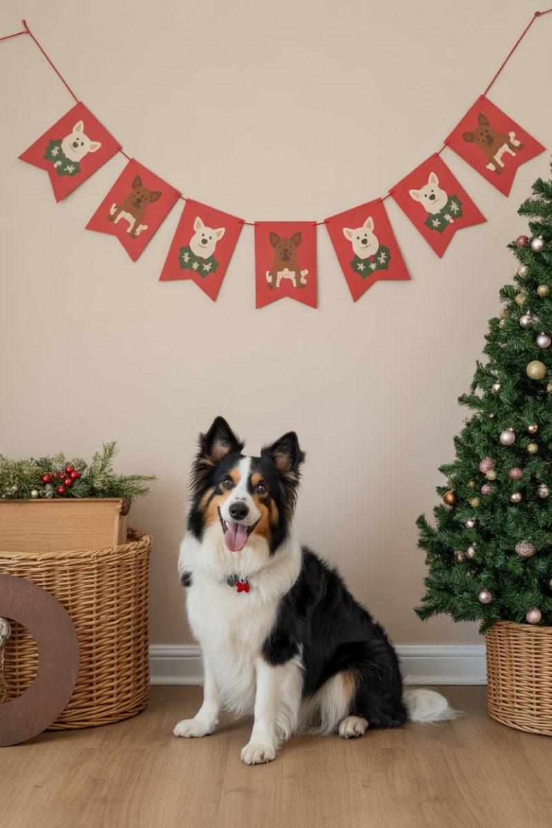 A festive indoor photograph of a Border Collie dog sitting on a light wooden floor. 