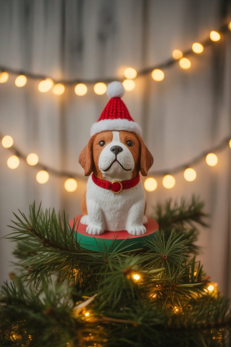 A decorative ceramic dog figurine sitting on a green Christmas tree branch.