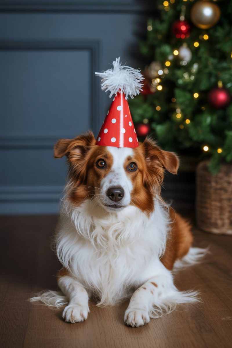 A Border Collie dog wearing a red and white polka dot party hat with a white pom-pom on top. 