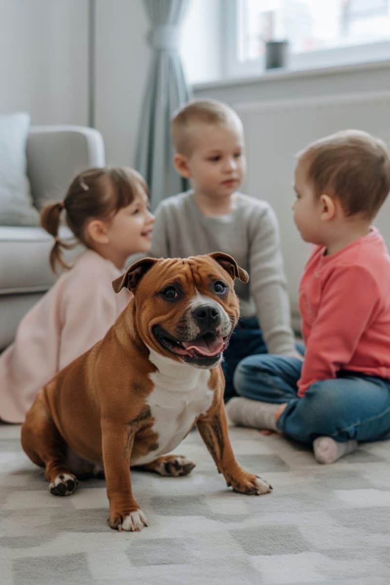 Three young children with a dog.