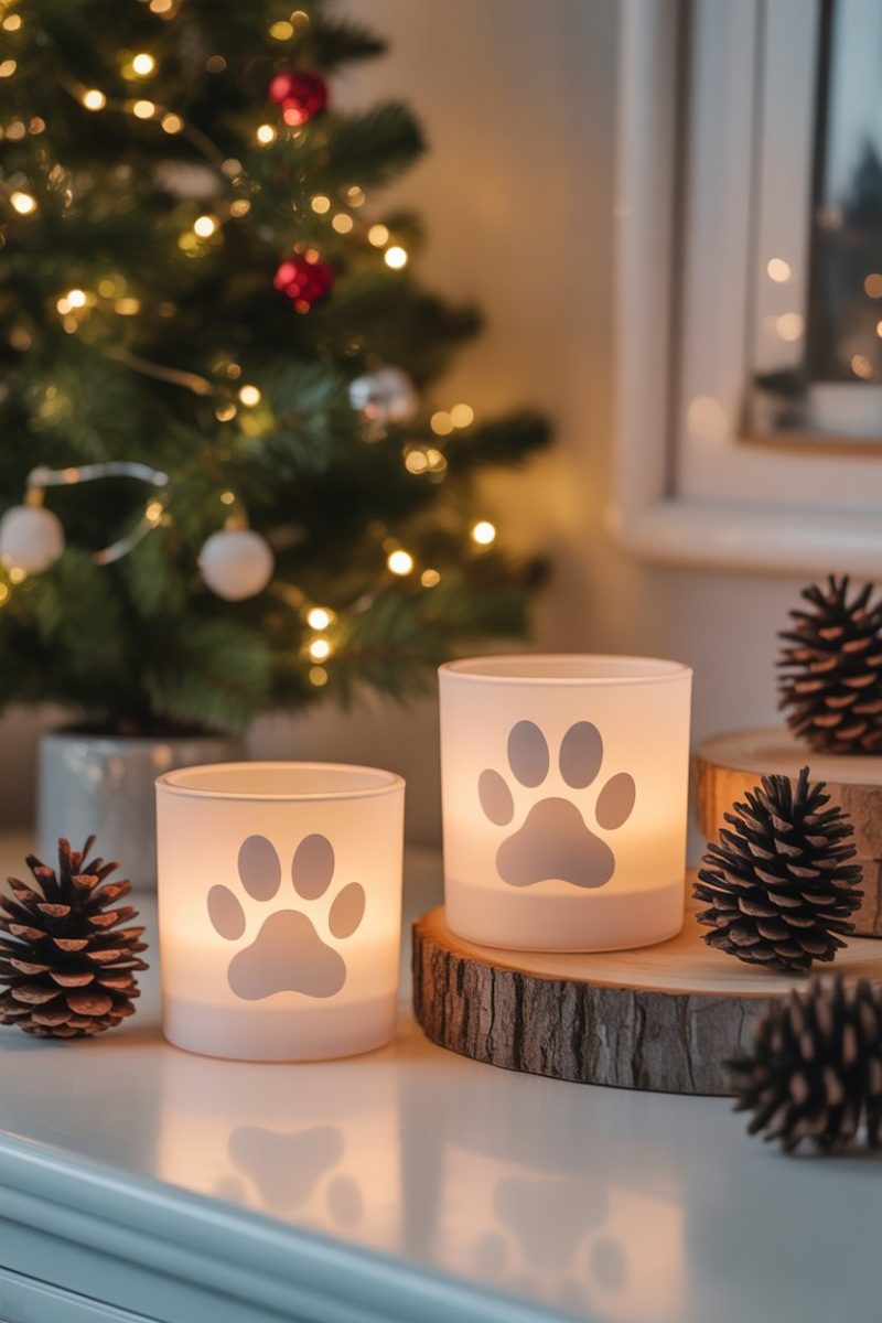 A cozy holiday scene featuring two white frosted glass candle holders with paw print designs cut into them, illuminated from within.