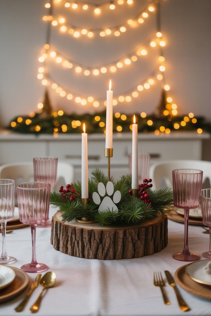 A white paw print decoration sits in the center of the greenery. 