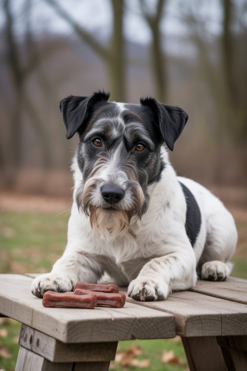 A Terrier lying on a wooden picnic table outdoors, three brown dog treats are placed on the wooden slat of the table in front of the dog.